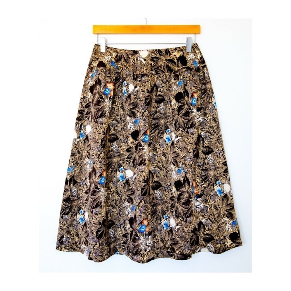 Vintage 70s floral knee-length high-waist flare skirt S brown floral retro print